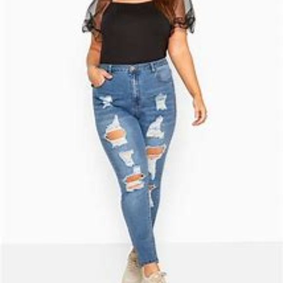 Thrill Denim - Denim Blue Jean Distroyed Skinny Fit Legs Ankle Length Jeans Pants Plus Size 16
